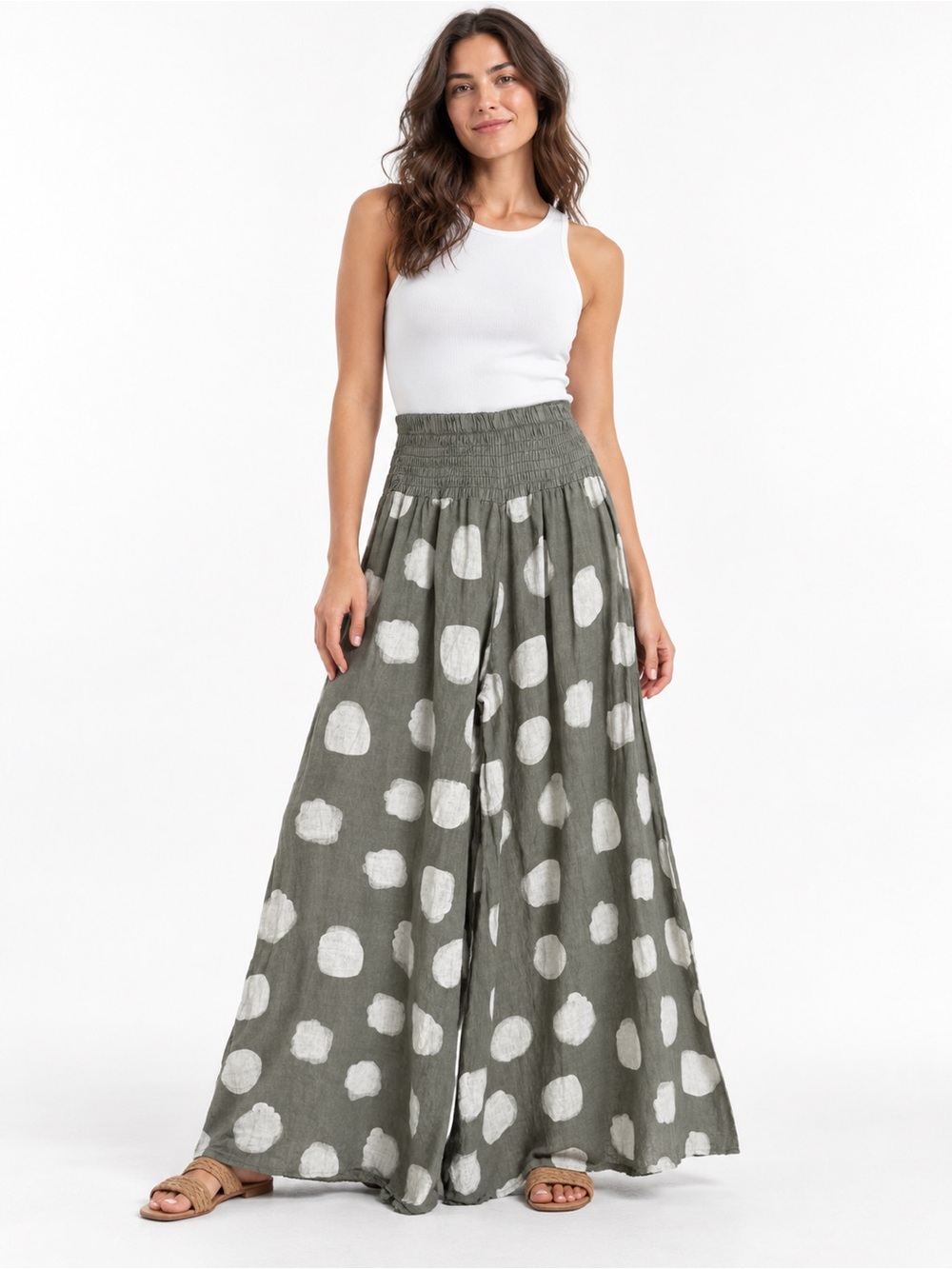 Made in Italy 100% Linen Polka Dot Wide Leg Palazzo Pants One Size